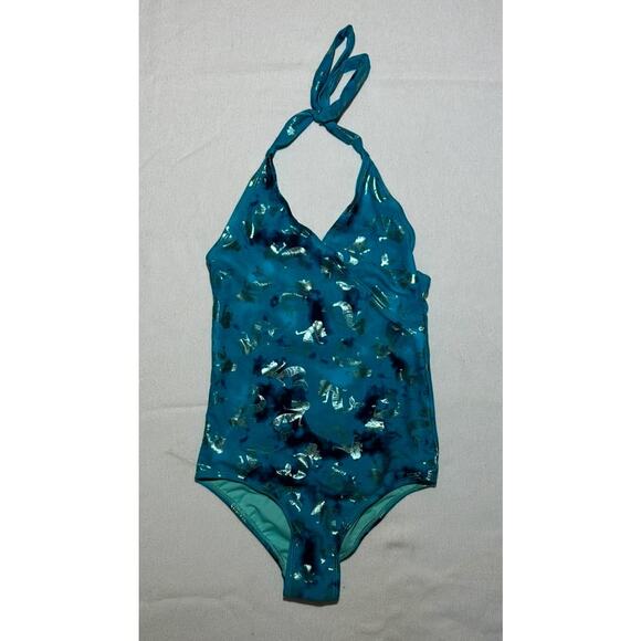 JUSTICE Blue Patriotic One Piece Swimsuit Mermaid Halter Lined Girls 8 - Picture 1 of 6